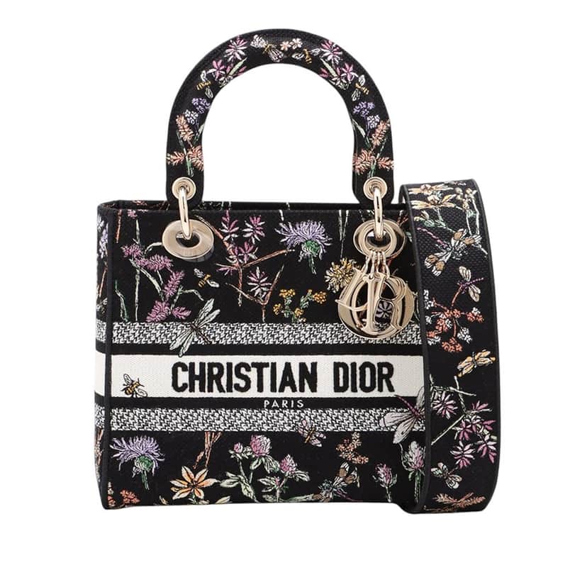 Dior Medium Embroidered Canvas Herbarium Lady D Lite Black Very good condition - Front View