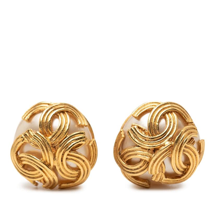 Chanel Gold Plated Triple CC Faux Pearl Clip On Earrings Gold Metal Very good condition - Front View