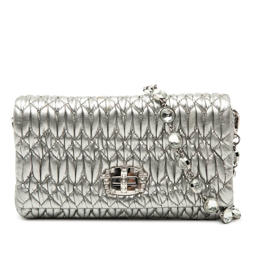 Miu Miu Matelasse Nappa Crystal Chain Shoulder Bag Silver Leather Very good condition - Front View