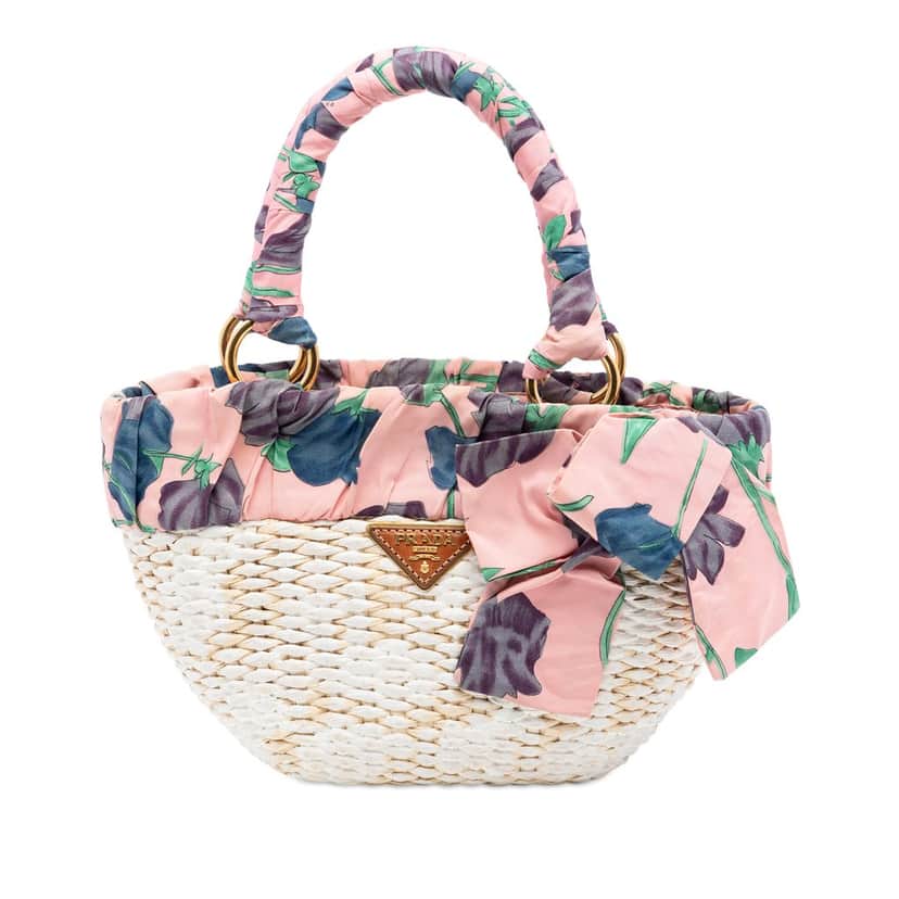 Prada Straw Floral Ribbon Handbag Beige Very good condition - Front View