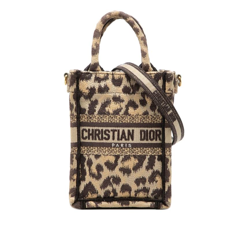 Dior Mizza Mini Embroidered Canvas Leopard Vertical Book Tote Beige Very good condition - Front View