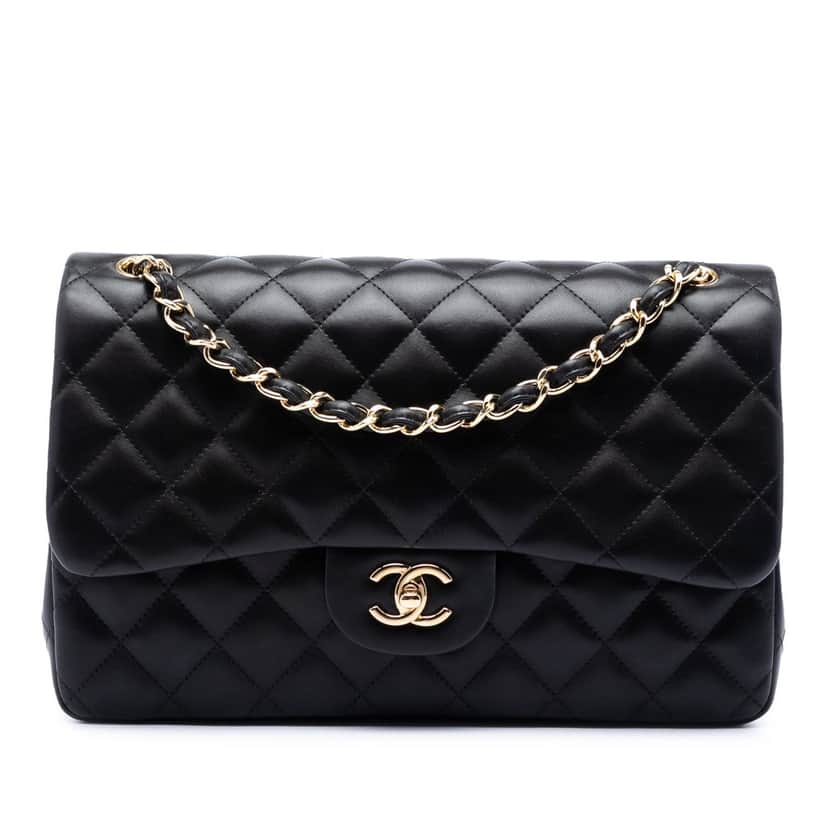 Chanel Jumbo Classic Lambskin Double Flap Black Leather Very good condition - Front View