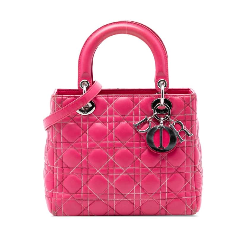 Dior Medium Lambskin Cannage Contrast Stitch Lady Dior Pink Leather Good condition - Front View