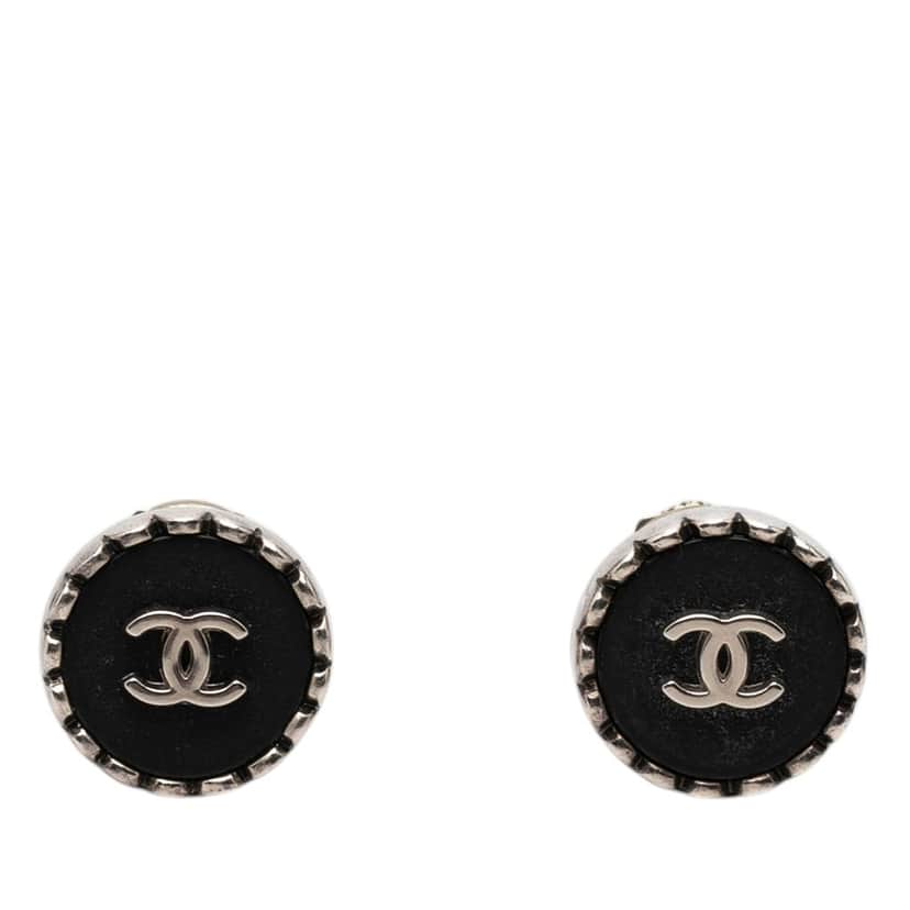 Chanel CC Brass Enamel Button Clip on Earrings Black Metal Very good condition - Front View