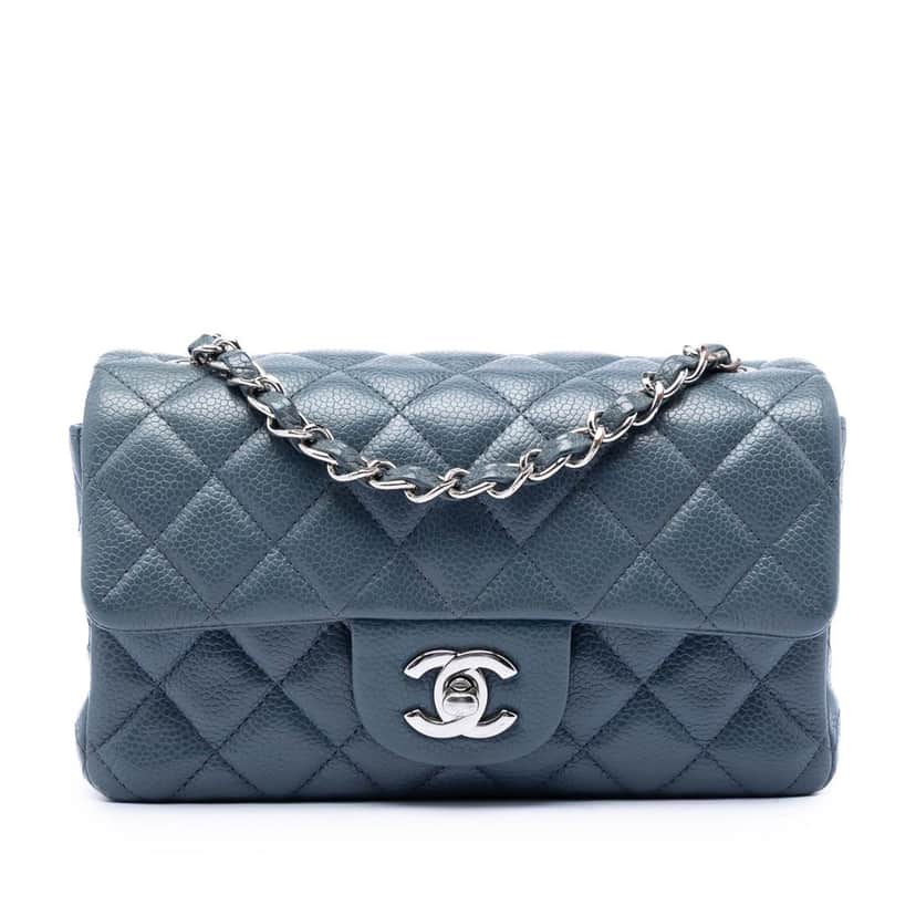Chanel Mini Rectangular Classic Caviar Single Flap Blue Leather Very good condition - Front View