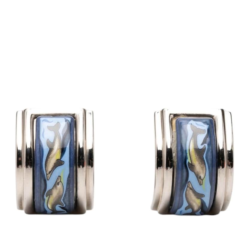 Hermès Enamel Dolphin in Sea Cloisonne Clip on Earrings Blue Very good condition - Front View