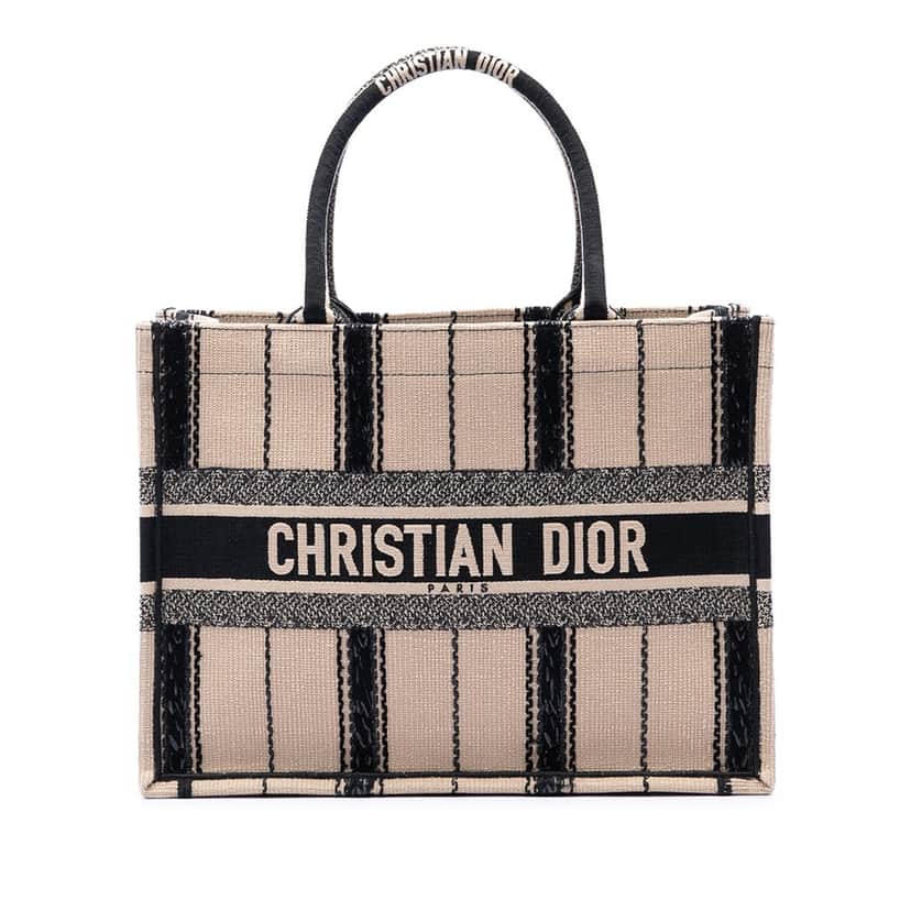Dior Medium Embroidered Canvas Bayadere Book Tote Beige Very good condition - Front View