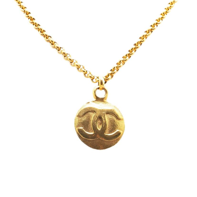 Chanel CC Gold Plated Circle Pendant Necklace Gold Metal Very good condition - Front View