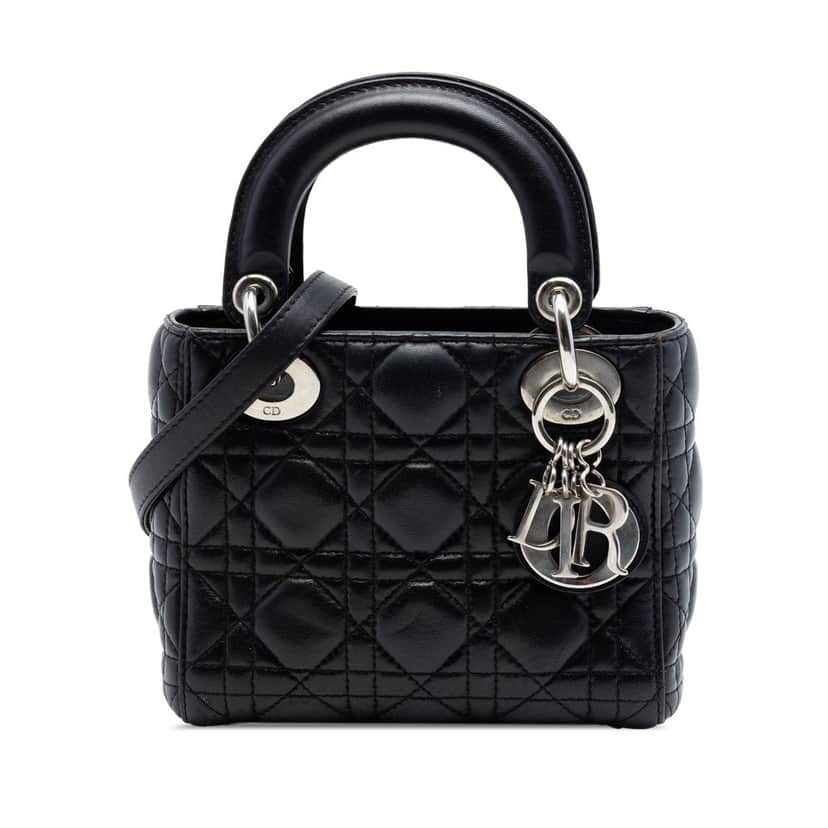 Dior Mini Lambskin Cannage Lady Dior Black Leather Very good condition - Front View