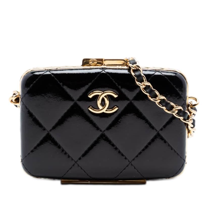 Chanel Small Glazed Goatskin Box With Chain Black Leather Very good condition - Front View