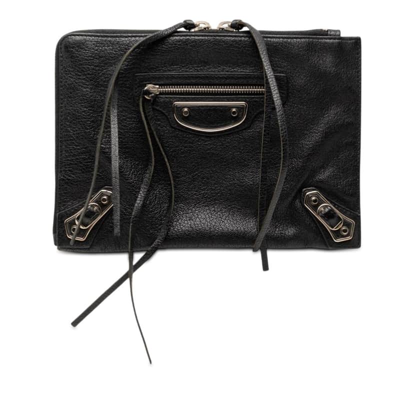 Balenciaga Chevre Motocross Classic Metallic Edge Clutch Black Leather Very good condition - Front View