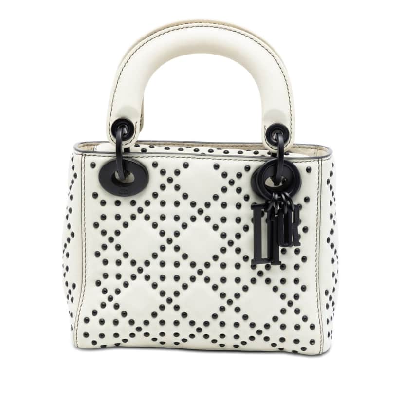 Dior Mini Ultra Matte Calfskin Cannage Studded Supple Lady Dior White Leather Very good condition - Front View