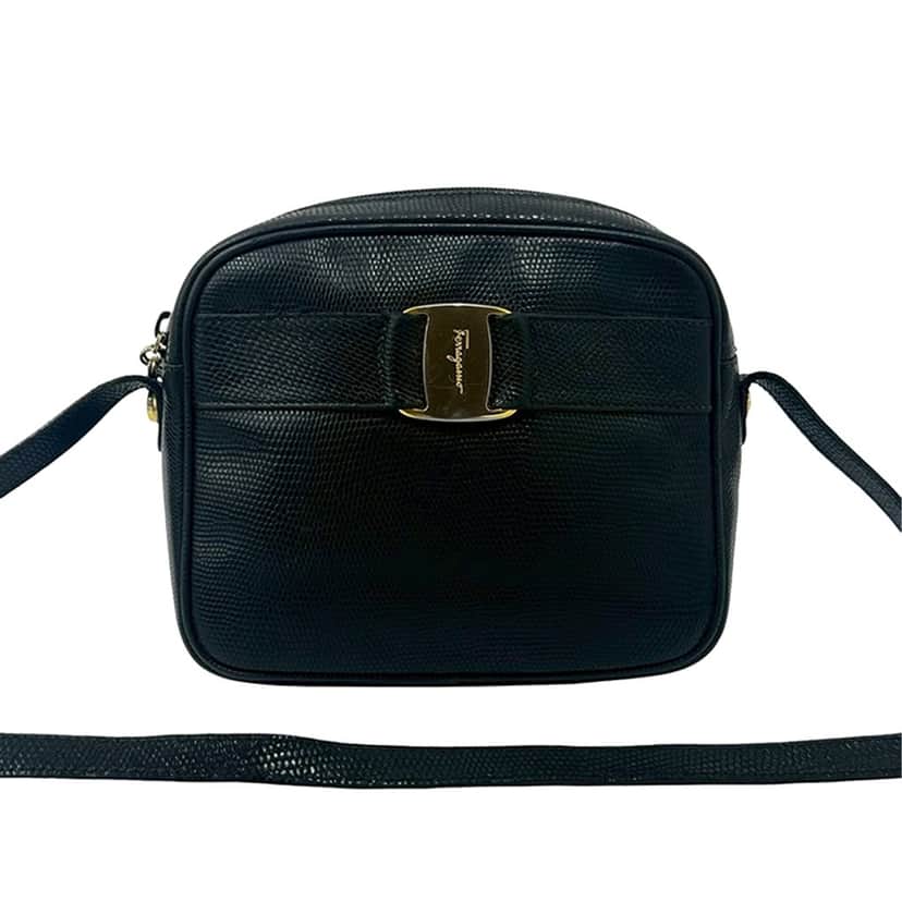 Ferragamo Embossed Lizard Leather Vara Crossbody Black Leather Very good condition - Front View