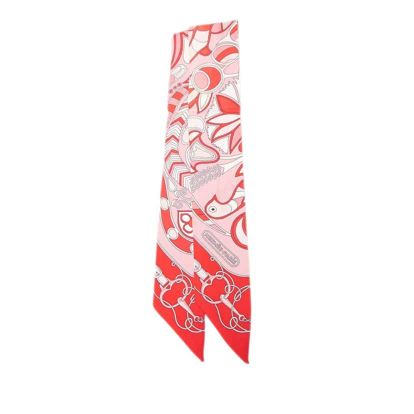 Hermès Folklore Silk Twilly Scarf Pink Very good condition - Front View