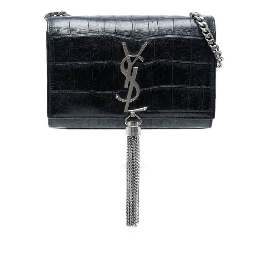 Saint Laurent Small Croc Embossed Leather Monogram Kate Tassel Crossbody Black Leather Very good condition - Front View