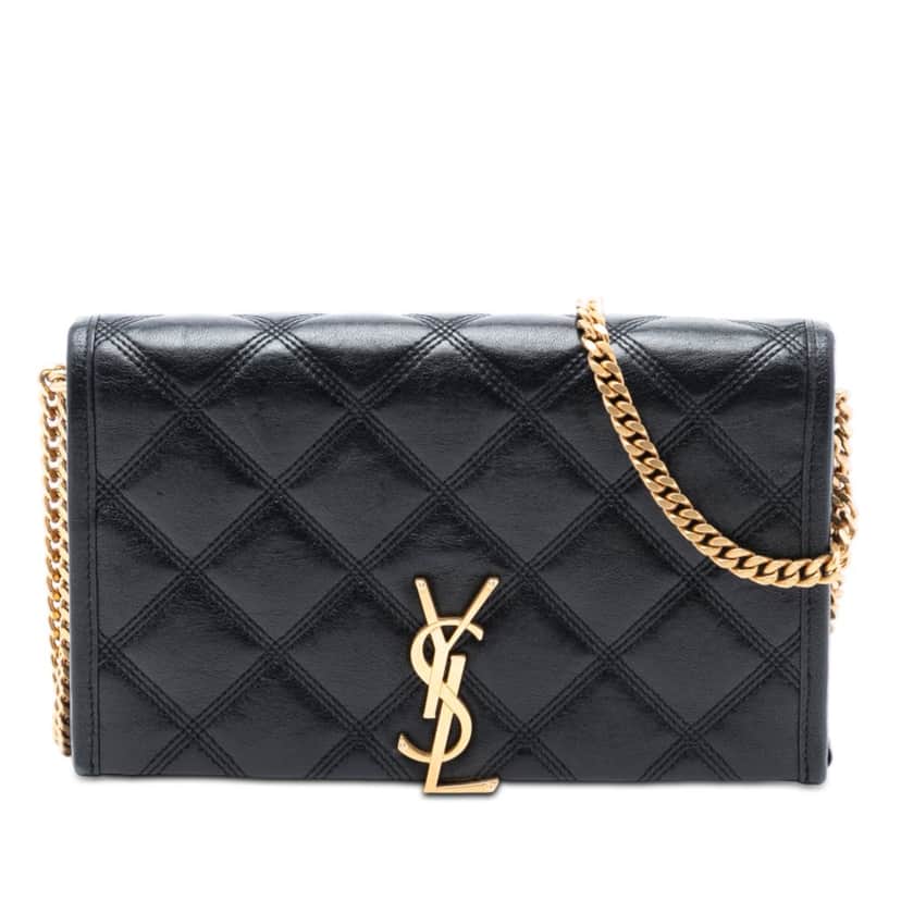 Saint Laurent Quilted Diamond Lambskin Becky Wallet on Chain Black Leather Very good condition - Front View