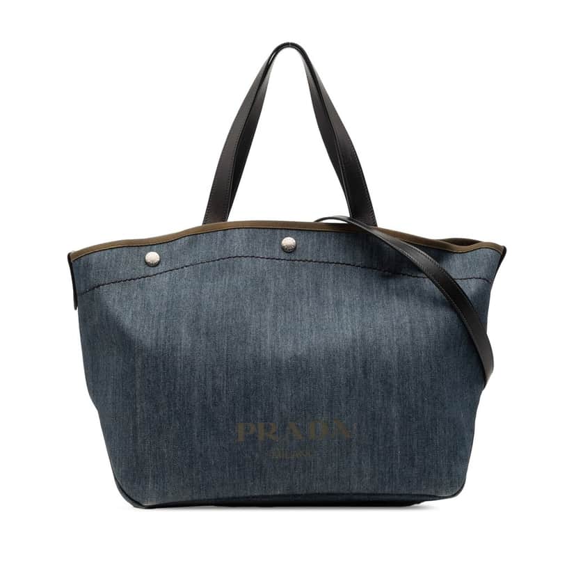 Prada City Calf Trimmed Denim Snap Logo Shopping Satchel Blue Very good condition - Front View
