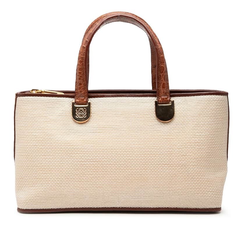 Loewe Croc Embossed Leather Trimmed Mesh Anagram Satchel Beige Very good condition - Front View