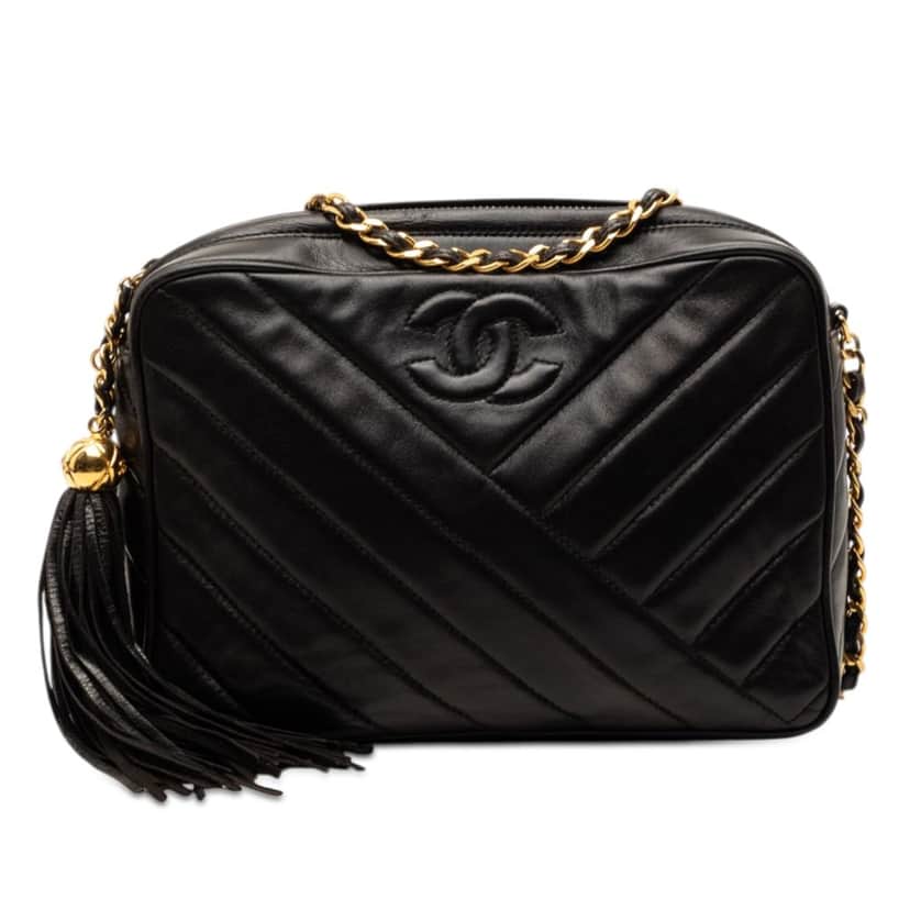Chanel CC Diagonal Quilted Lambskin Tassel Camera Bag Black Leather Very good condition - Front View