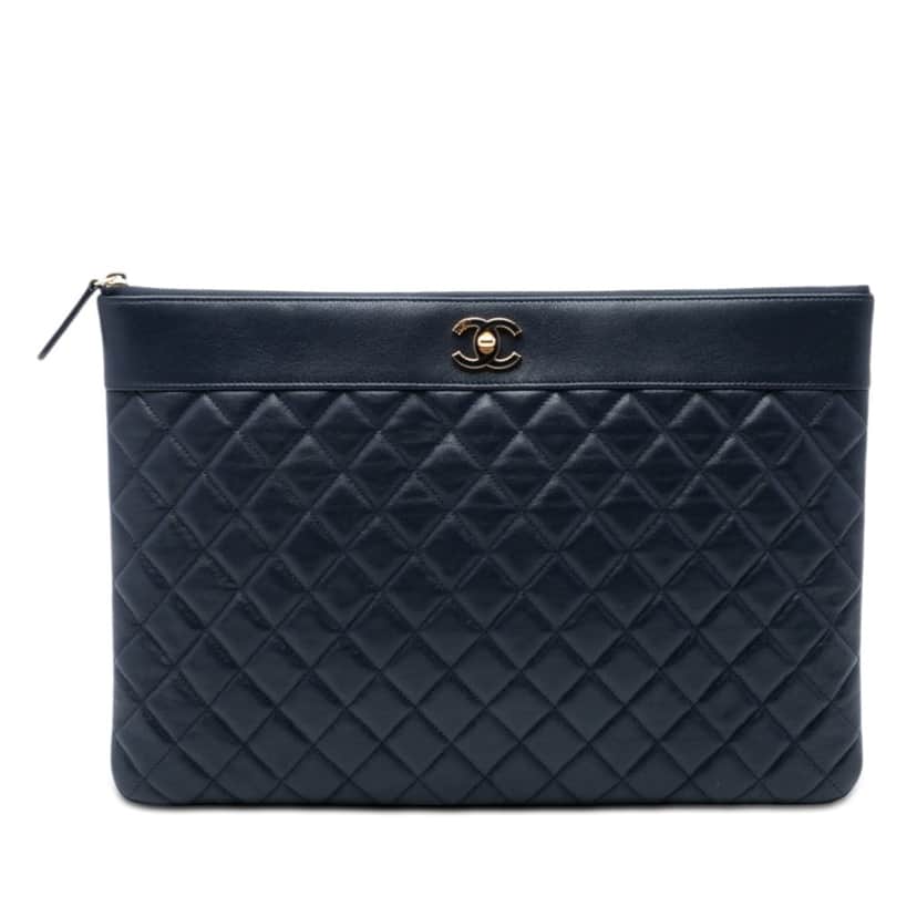 Chanel Large Quilted Sheepskin Mademoiselle O Case Clutch Blue Leather Very good condition - Front View