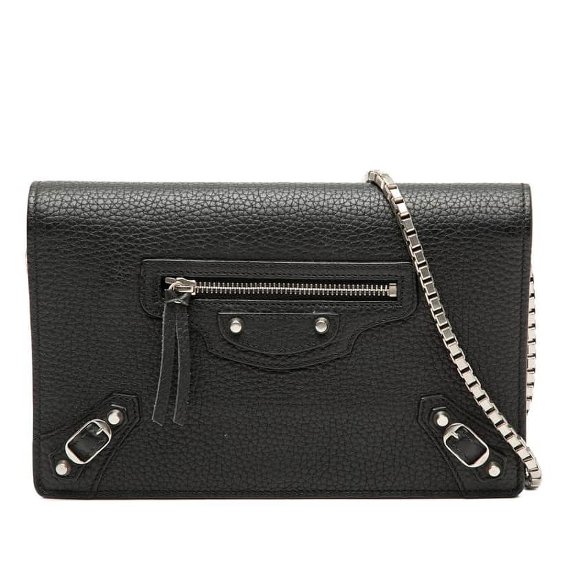 Balenciaga Leather Metal Plate City Wallet on Chain Black Leather Very good condition - Front View