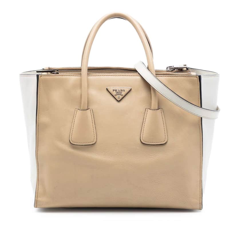 Prada Bicolor Glace Calf Twin Pocket Double Handle Satchel Beige Leather Very good condition - Front View