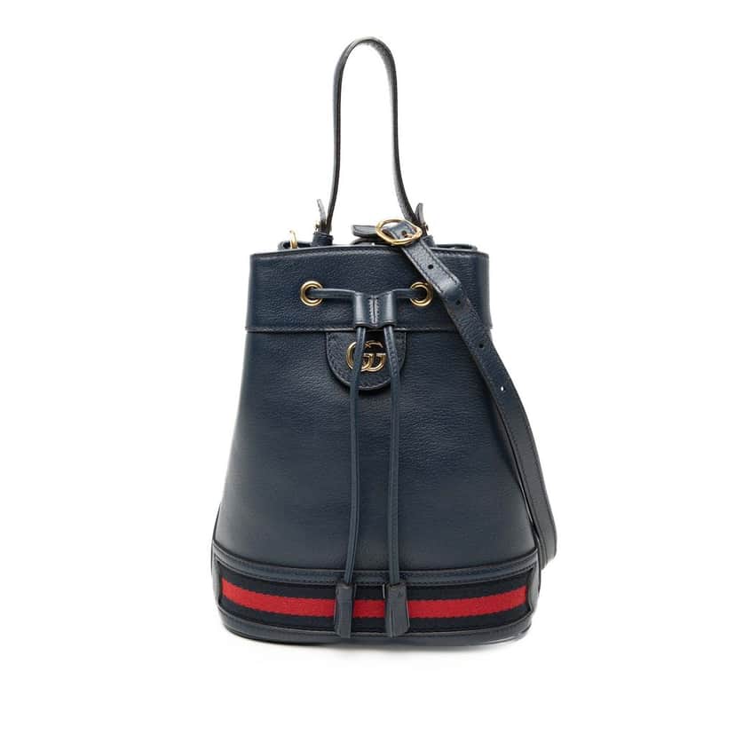 Gucci GG Web Ophidia Bucket Bag Blue Leather Very good condition - Front View