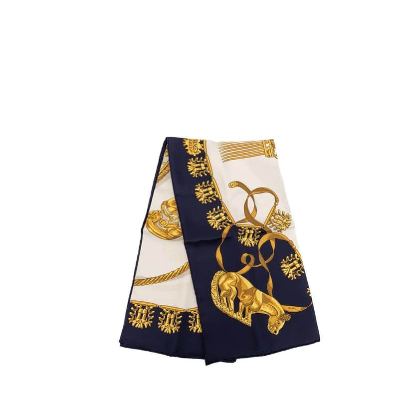 Hermès Les Cavaliers d Or Silk Scarf 90 White Very good condition - Front View