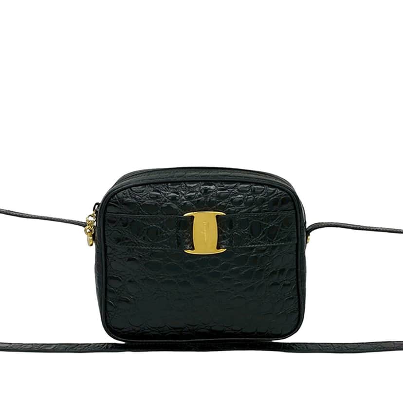 Ferragamo Croc Embossed Leather Vara Crossbody Black Leather Very good condition - Front View