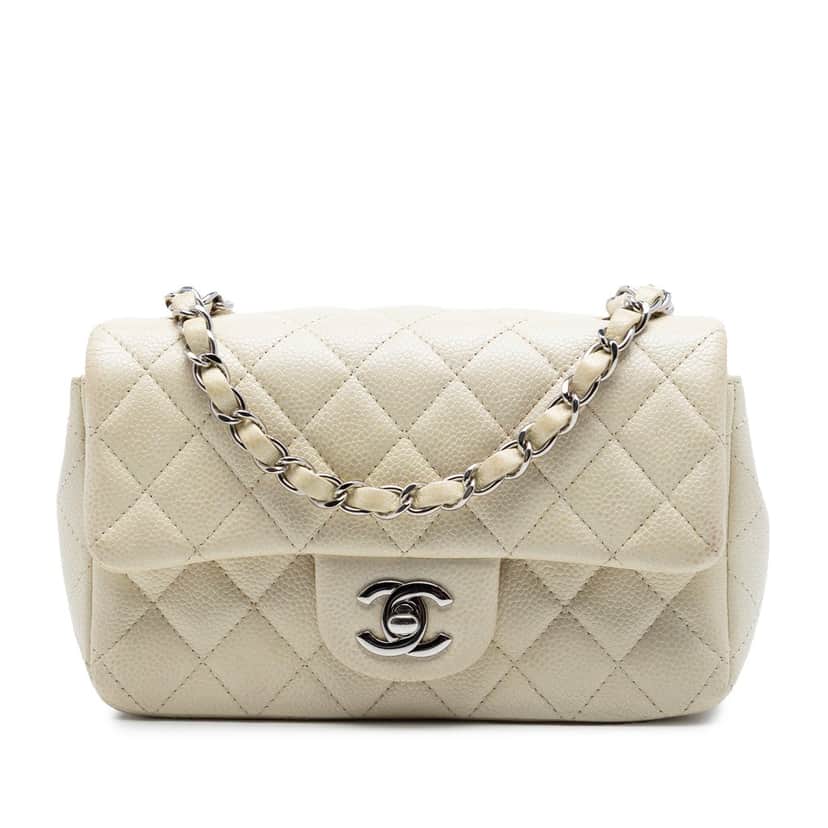 Chanel Mini Rectangular Classic Caviar Single Flap White Leather Very good condition - Front View