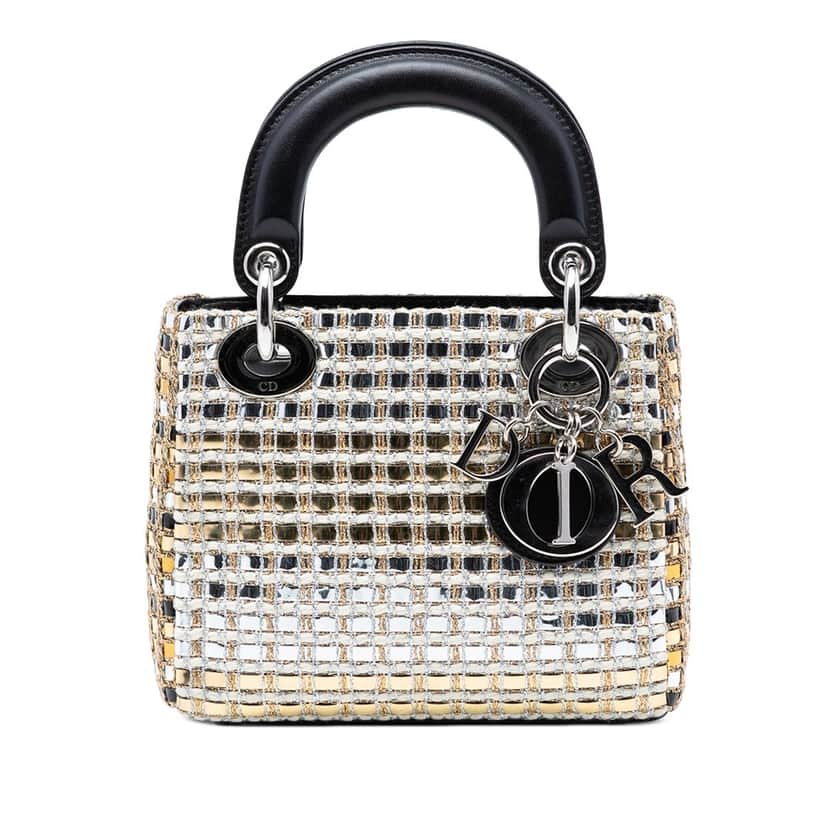 Dior Mini Metallic Leather Woven Tweed Lady Dior Gold Very good condition - Front View