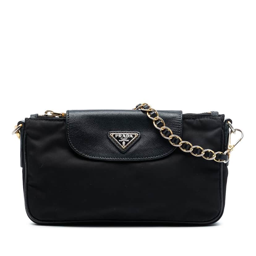 Prada Saffiano Trimmed Tessuto Chain Crossbody Black Very good condition - Front View