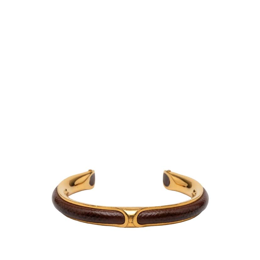 Hermès Gold Plated and Leather Cuff Bracelet Gold Metal Very good condition - Front View