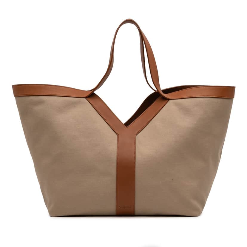 Saint Laurent Leather Trimmed Canvas Y Tote Brown Very good condition - Front View
