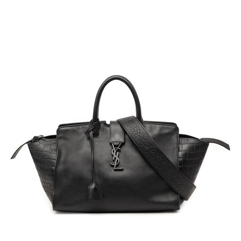 Saint Laurent Small Croc Embossed Trimmed Leather Downtown Cabas Satchel Black Leather Very good condition - Front View