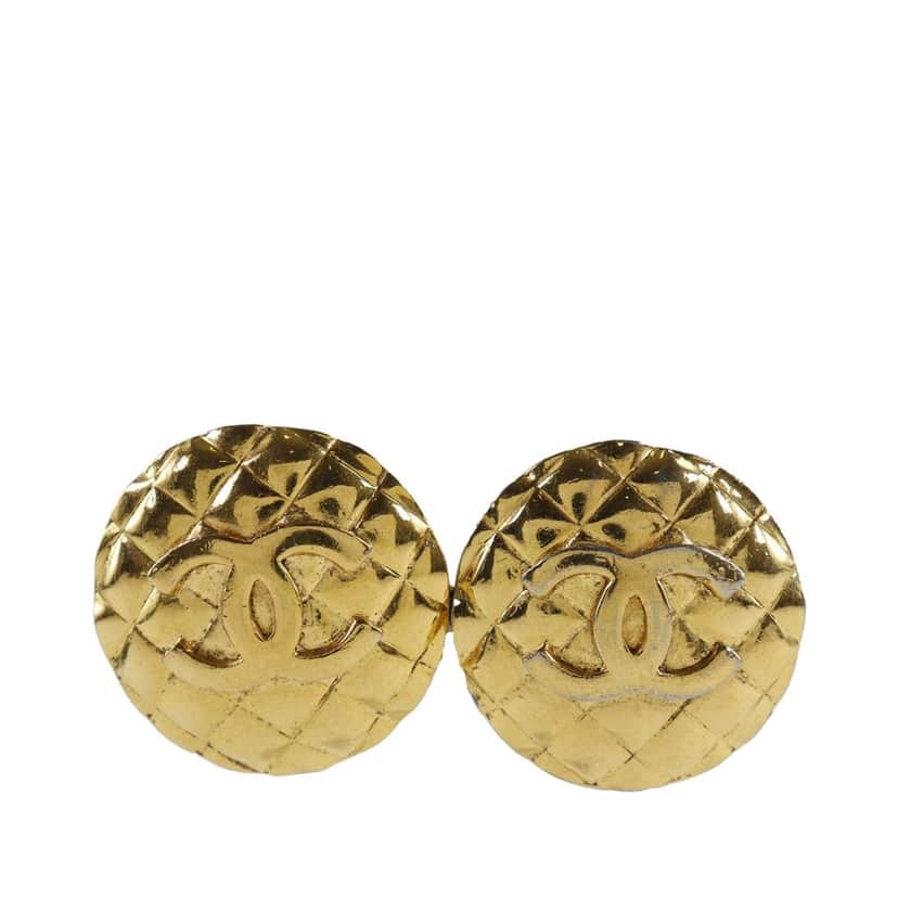 Chanel CC Quilted Gold Plated Round Clip On Earrings Gold Metal Very good condition - Front View