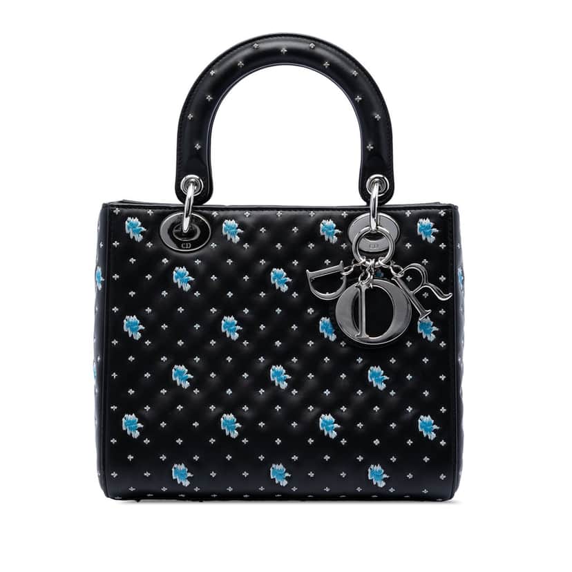 Dior Medium Calfskin Embroidered Flower Lady Dior Black Leather Very good condition - Front View