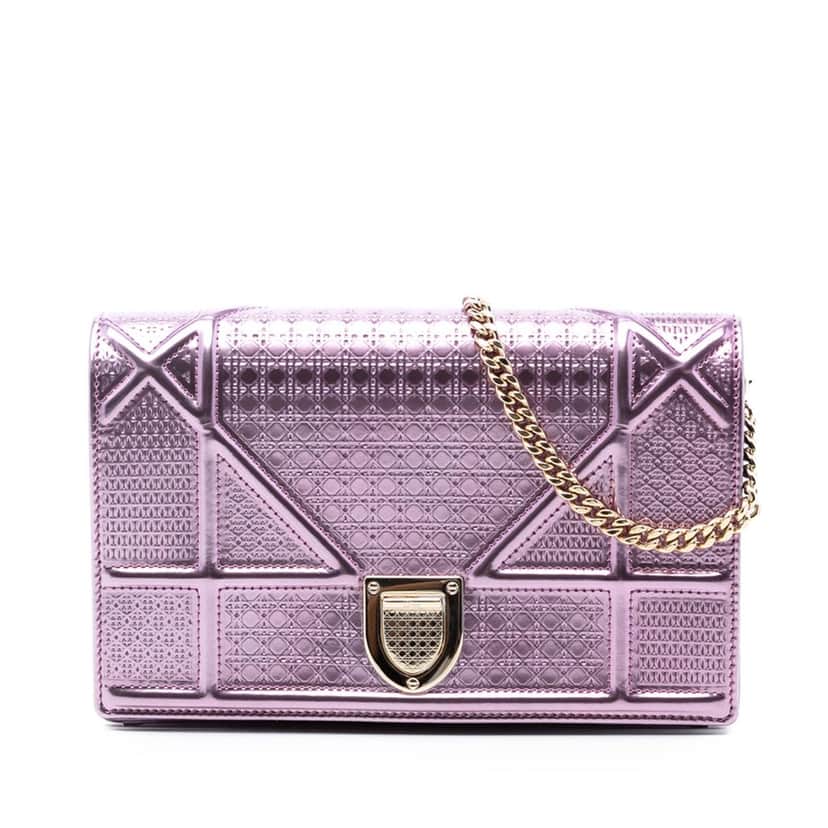Dior Metallic Patent Microcannage Diorama Wallet on Chain Pink Leather Very good condition - Front View