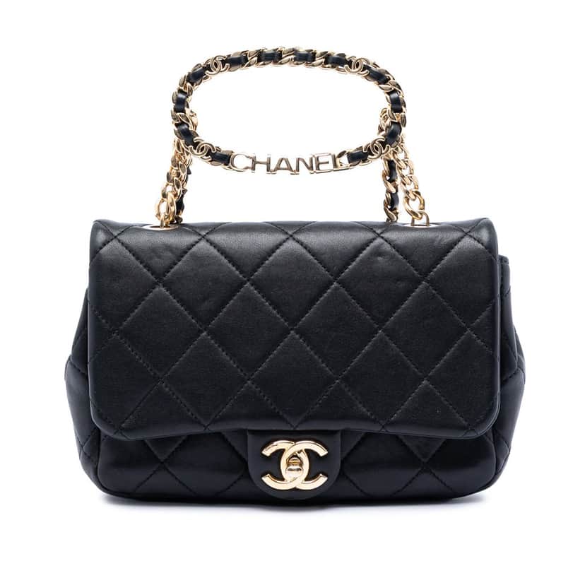 Chanel Small Quilted Lambskin Round Top Handle Flap Black Leather Very good condition - Front View