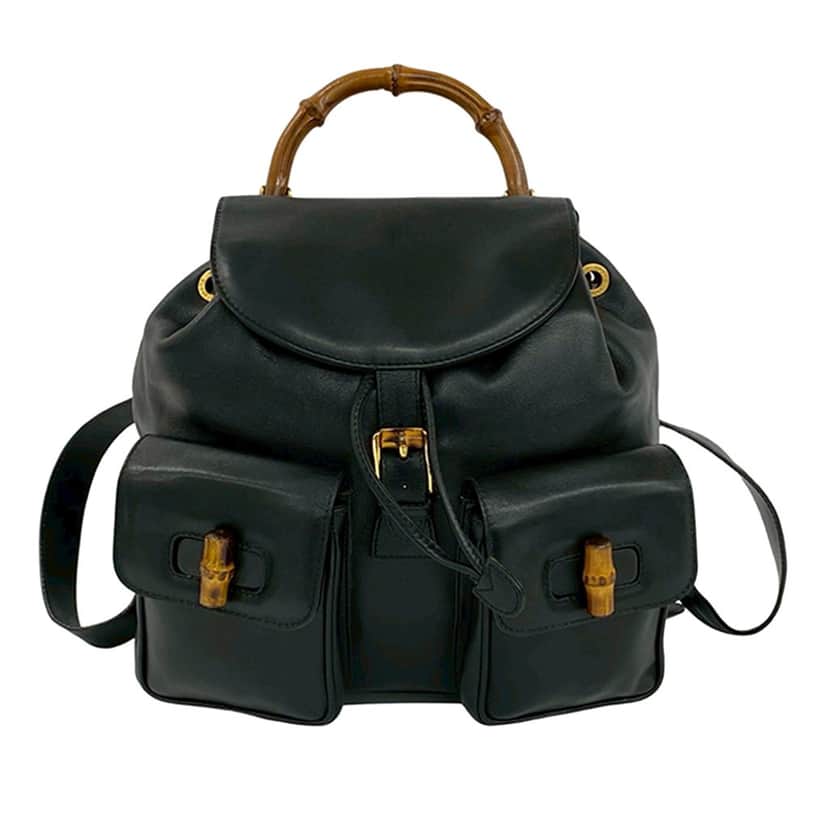 Gucci Calfskin Bamboo Drawstring Backpack Black Leather Very good condition - Front View