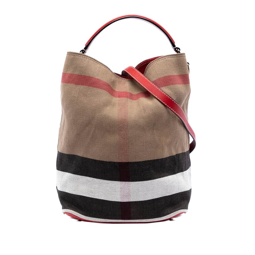 Burberry Medium Mega Check Canvas Ashby Bucket Bag Brown Very good condition - Front View