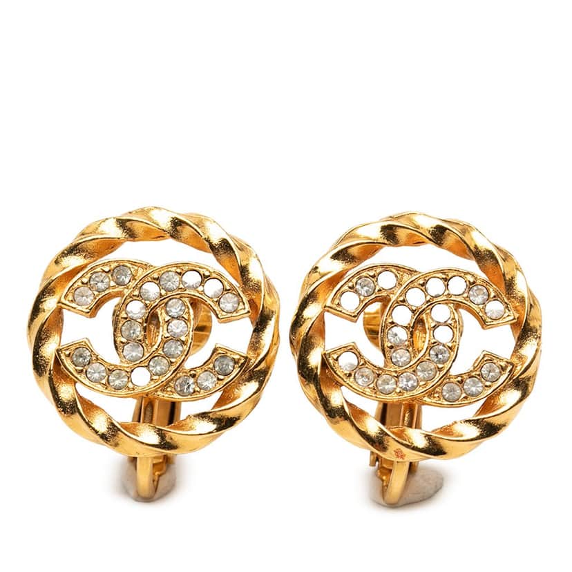 Chanel Gold Plated CC Crystal Twisted Round Clip On Earrings Gold Metal Never worn, with tag - Front View