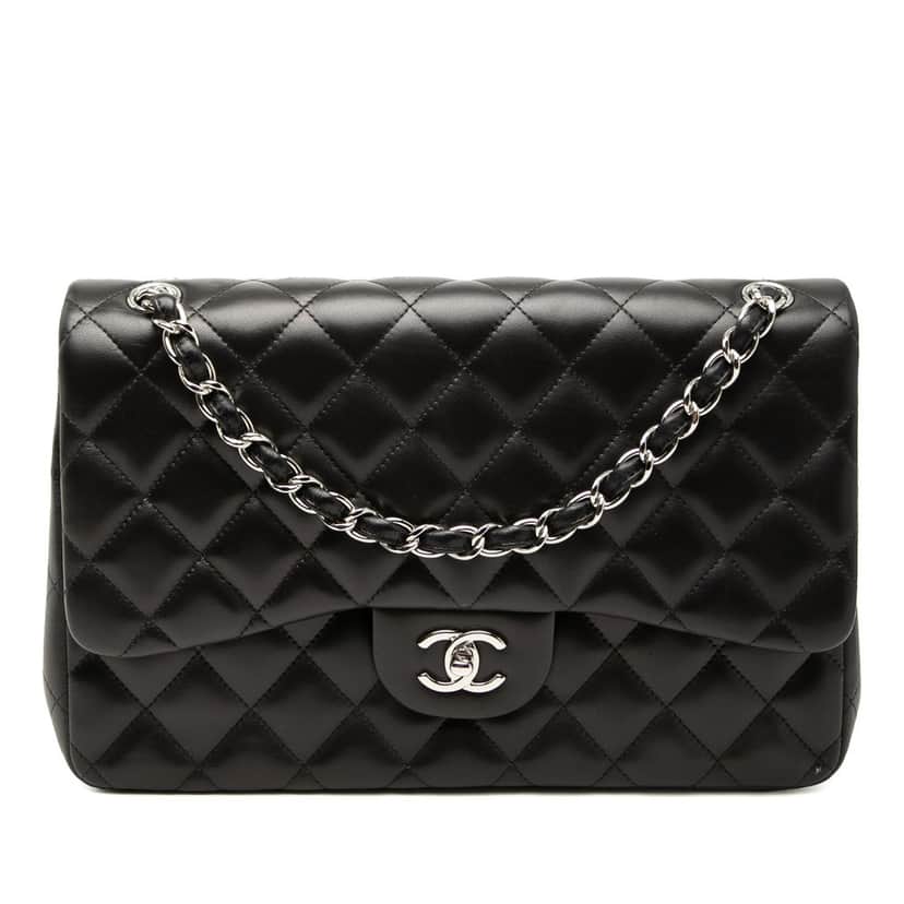 Chanel Jumbo Classic Lambskin Double Flap Black Leather Very good condition - Front View