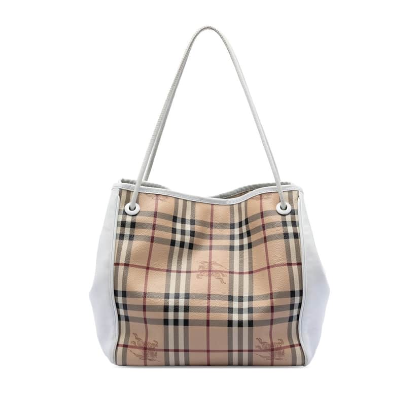 Burberry Small Leather Trimmed Haymarket Check Coated Canvas Canterbury Tote Beige Very good condition - Front View