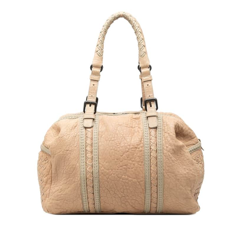 Bottega Veneta Intrecciato Trimmed Pebbled Lambskin Top Handle Bag Beige Leather Very good condition - Front View
