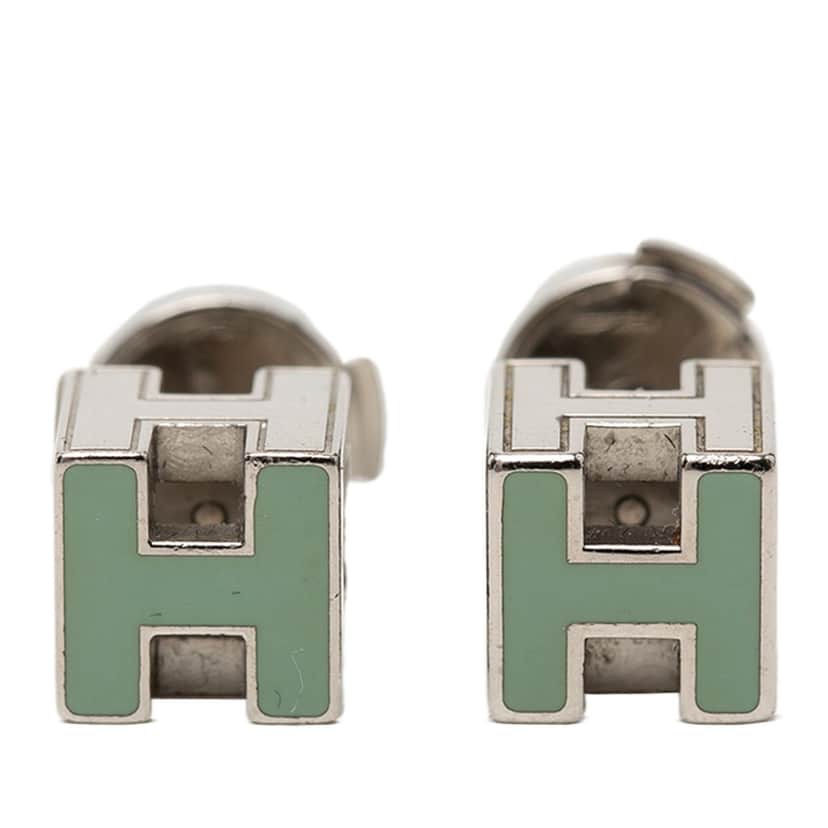 Hermès Palladium Plated Enamel Cage dH Cube Push Back Earrings Green Metal Very good condition - Front View