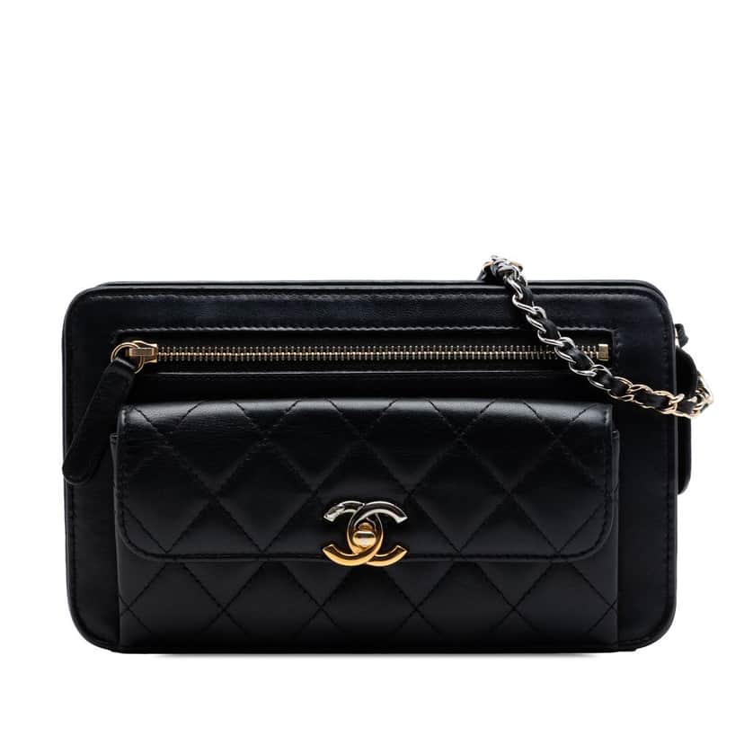 Chanel Quilted Lambskin Front Pocket Clutch With Chain Black Leather Very good condition - Front View