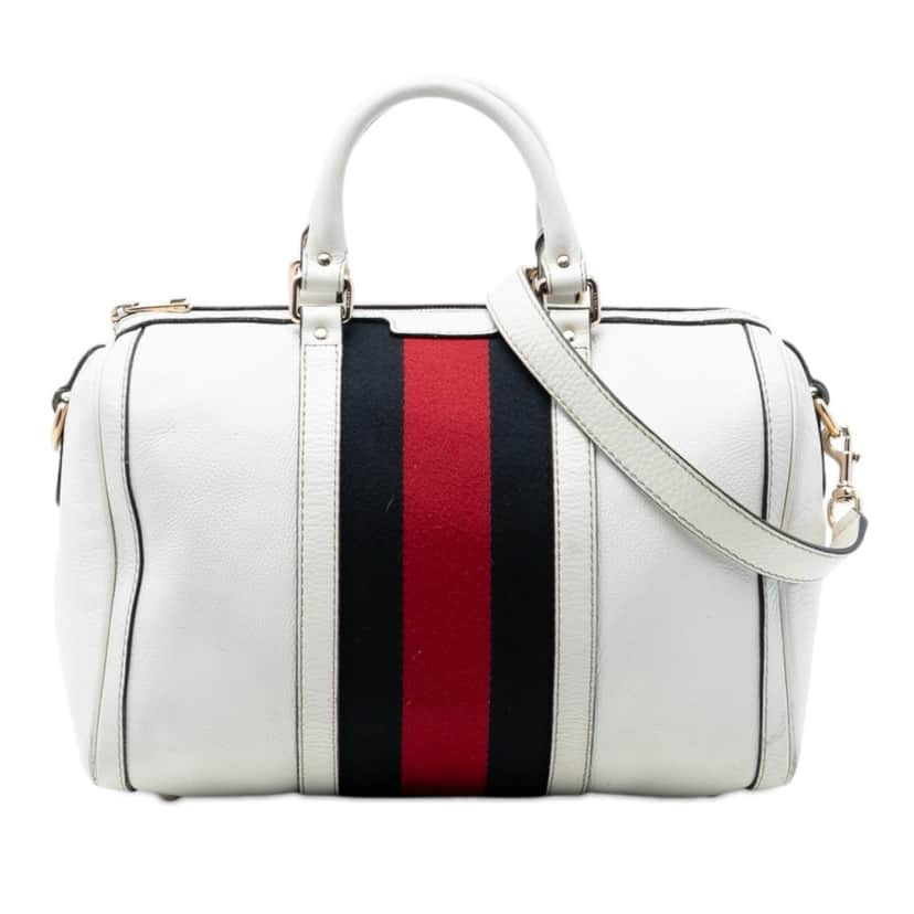 Gucci Medium Calfskin Web Joy Boston Bag White Leather Very good condition - Front View