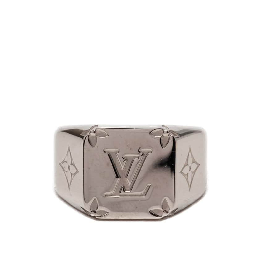 Louis Vuitton Brass Monogram Signet Ring M Silver Metal Very good condition - Front View