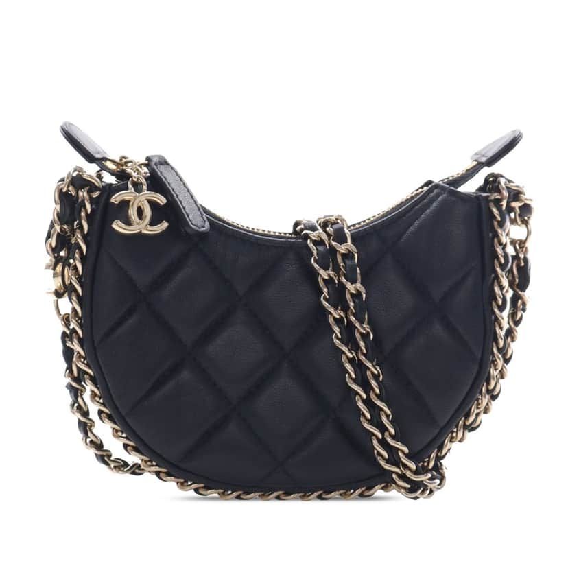 Chanel Mini Quilted Lambskin Chain Around Hook Hobo Black Leather Very good condition - Front View
